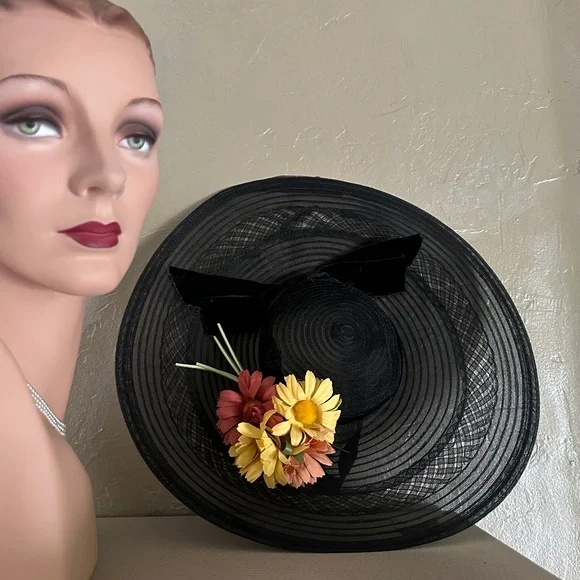 DREAMY 1940s' BLACK CRIN WIDE BRIM TILT HAT + YELLOW/PEACH FABRIC FLOWERS